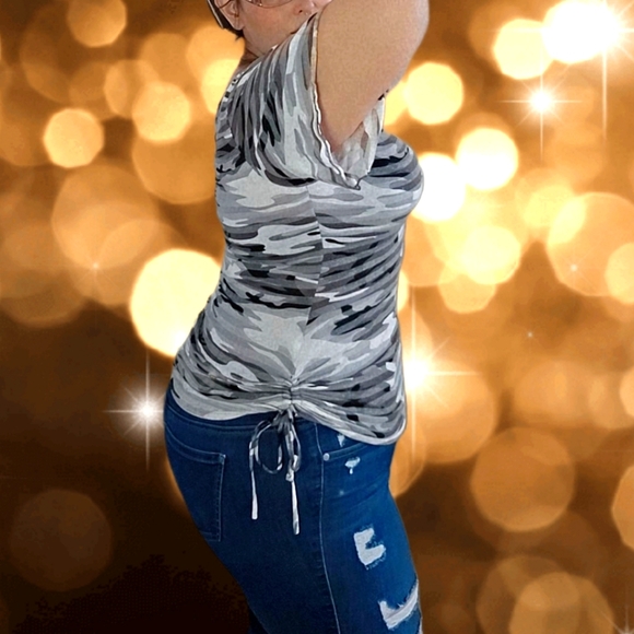 One-shouldered grey army print top with drawstring sides - Picture 3 of 3